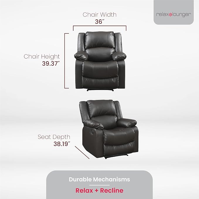 Warren 35.5" Manual Pull-Handle Recliner, Traditional Overstuffed, Pocket Coil Comfort, Black Metal Base Legs, Soft Vegan Leather Fabric, Java