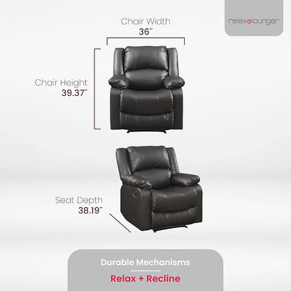 Warren 35.5" Manual Pull-Handle Recliner, Traditional Overstuffed, Pocket Coil Comfort, Black Metal Base Legs, Soft Vegan Leather Fabric, Java
