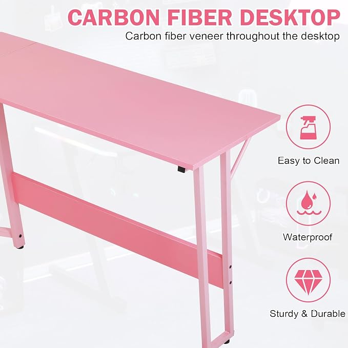 51 Inch L Shaped Gaming Desk Corner Computer Desk with Detachable Monitor Stand for Home Office Learning Gaming Workstation,Pink
