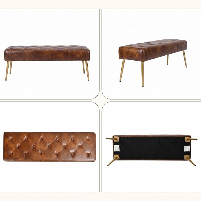DUHOME Button-Tufted Ottoman Bench, Upholstered Bedroom Benches with Gold Legs Faux Leather Bench for Entryway Dining Room Living Room Bedroom End of Bed, Yellowish Brown