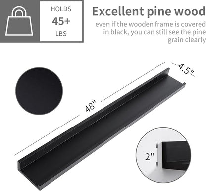 MBYD 48 Inch Long Dark Black Floating Photo Shelves with Lip, Picture Ledge Shelf Set of 3 Same Sizes, Wall Mounted Wooden Shelf for Bedroom Bathroom Kitchen Bathroom Living Room