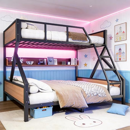 Bellemave Bunk Bed Queen Over King with LED, Heavy Duty Metal Bunk BedFrame with Storage Shelves and Lights, Woodgrain+Black