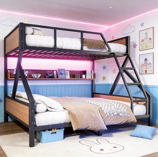 Bellemave Bunk Bed Queen Over King with LED, Heavy Duty Metal Bunk BedFrame with Storage Shelves and Lights, Woodgrain+Black
