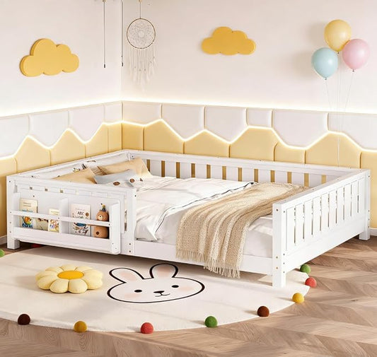 Bellemave Queen Size Floor Bed with high Rails and with Built-in Bookshelf for Kids, Girls, Boys, Wood Montessori Floor Bed Without Door, White