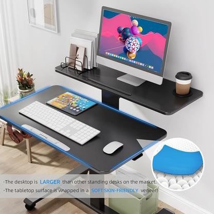 Pneumatic Standing Desk with Wheels - Adjustable Height 28" - 46" & 0-90° Tilt, 31.5" x 17.7" Skin-Feel Desktop, Rolling Computer Desk for Home Office, Hospital, School (Black)