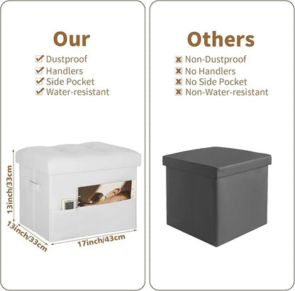 BelugaHelper Ottoman with Storage. Leather Foldable Ottomans with Thick Foam Padded Seat. Foot Rest Stool Storage for Living Room and Bedroom. Side Pockets and Handles Designed. 17x13x13in, White