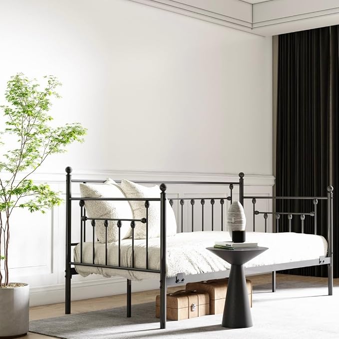 Golden Gate Beds Daybed Frame with Headboard, Without Trundle, Heavy Duty Metal Frame & Steel Slats Foundation, Upholstered Stylish Sofa Bed for Living Room, Bedroom, Guest Room - Black, Twin Size
