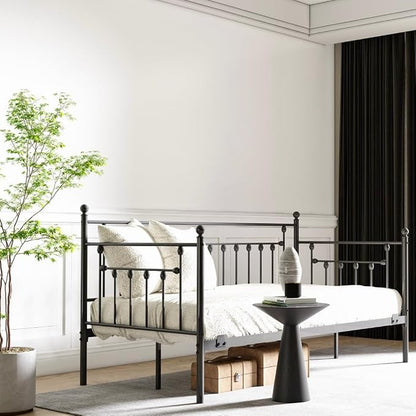 Golden Gate Beds Daybed Frame with Headboard, Without Trundle, Heavy Duty Metal Frame & Steel Slats Foundation, Upholstered Stylish Sofa Bed for Living Room, Bedroom, Guest Room - Black, Twin Size