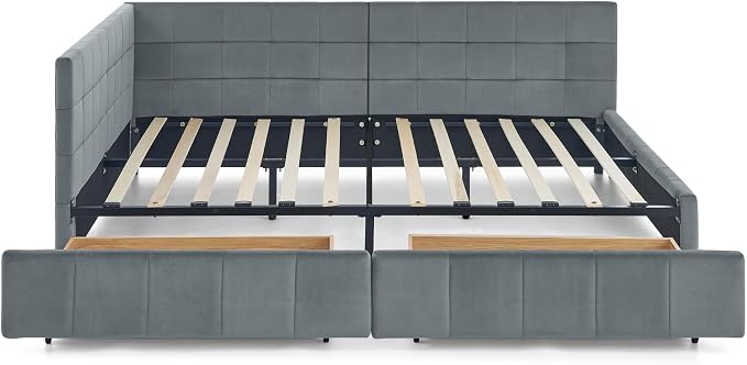 Bellemave Full Size Corner Bed Frame with Storage Drawers, Comfortable Backrest and Armrests, Velvet Tufted Corner Bed Frame Full Size, Upholstered Daybed for Bedroom, Living Room, Guest Room, Gary