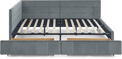 Bellemave Full Size Corner Bed Frame with Storage Drawers, Comfortable Backrest and Armrests, Velvet Tufted Corner Bed Frame Full Size, Upholstered Daybed for Bedroom, Living Room, Guest Room, Gary