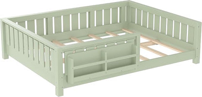 Bellemave Full Size Floor Bed with high Rails and with Built-in Bookshelf for Kids, Girls, Boys, Wood Montessori Floor Bed Without Door, Avocado Green