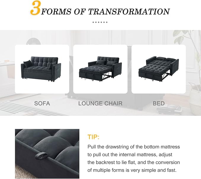 Futon Sofa Bed,Modern 3 in 1 Convertible Sleeper Sofa, Pull Out Couch Bed with Adjustable Backrest, Storage Pockets and Toss Pillows for Living Room, Bedroom (Black)