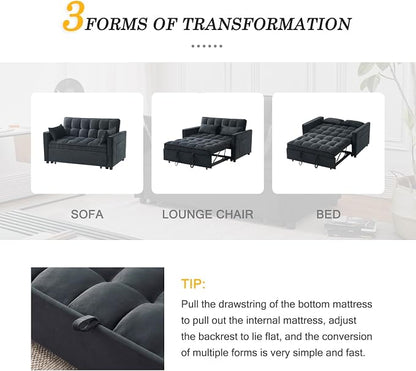 Futon Sofa Bed,Modern 3 in 1 Convertible Sleeper Sofa, Pull Out Couch Bed with Adjustable Backrest, Storage Pockets and Toss Pillows for Living Room, Bedroom (Black)