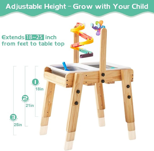 Kids Wooden Sensory Activity Table with 2 Collapsible Storage Bins, Acrylic Painting Board, Adjustable Height from 18-25”, Grow with Your Beloved.