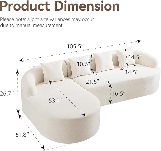 105.5" Boneless Curved Couch, L Shaped 4-Seater Cloud Couch with Deep Seat Chaise, Oversized Curved Sofa, Chenille Modular Sectional Couches for Living Room, No Assembly, Beige