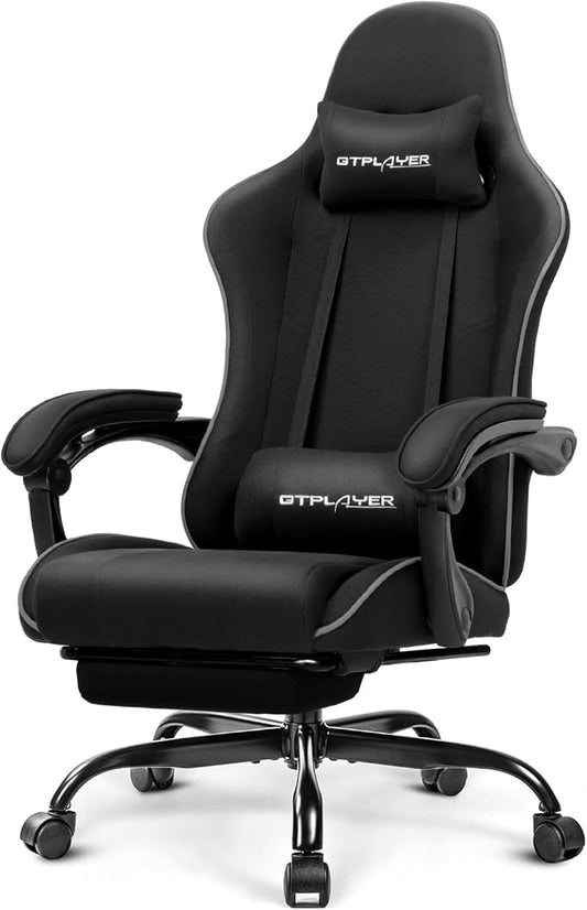 GTPLAYER Gaming Chair with Footrest, Computer Chair with and Lumbar Support, Height Adjustable Game Chair with 360°-Swivel Seat and Headrest and for Office or Gaming (All Black-Fabric)