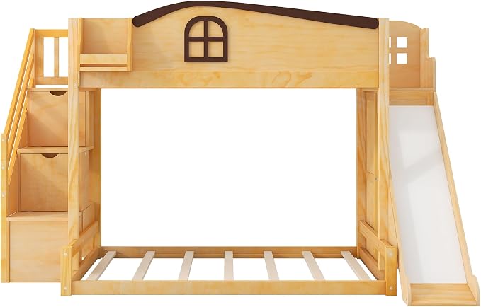 RUNNA Twin Over Full Bunk Bed with Slide,Storage Stairs,Shelf | Twin over full bunk bed with slide, storage stairs, overhead shelf, solid wood, guardrails, no box spring needed