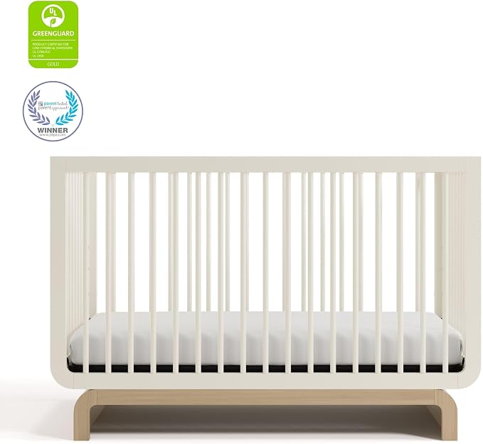 Storkcraft Santorini 5-in-1 Convertible Crib with Toddler Guardrail – GREENGUARD Gold Certified, Conversion Kit Included, 100% Solid Wood, Fits Standard Crib Mattress (Frosted Oat and Driftwood)