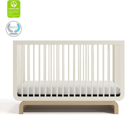 Storkcraft Santorini 5-in-1 Convertible Crib with Toddler Guardrail – GREENGUARD Gold Certified, Conversion Kit Included, 100% Solid Wood, Fits Standard Crib Mattress (Frosted Oat and Driftwood)