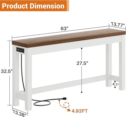 Cyclysio 63" Console Table with Charging Station, 13.8" Deep Farmhouse Sofa Table Behind Couch with 2 AC Outlets & 3 USB Ports, Long Entryway TV Console or Home Office Desk, Rustic Oak