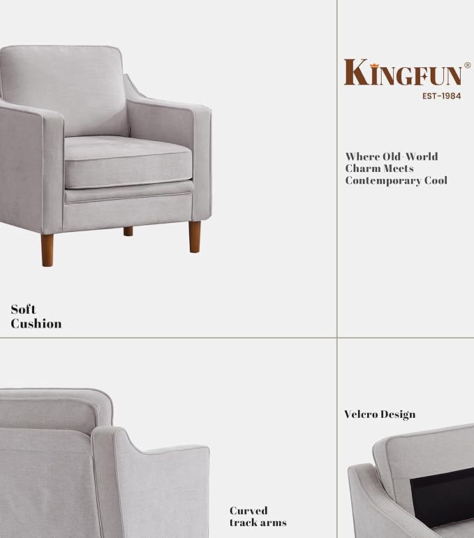 Kingfun Accent Chair, Living Room Chairs, Mid Century Reading Armchair, Chenille with Solid Wood Foot, Upholstered Modern Decor for Bedroom, Apartment