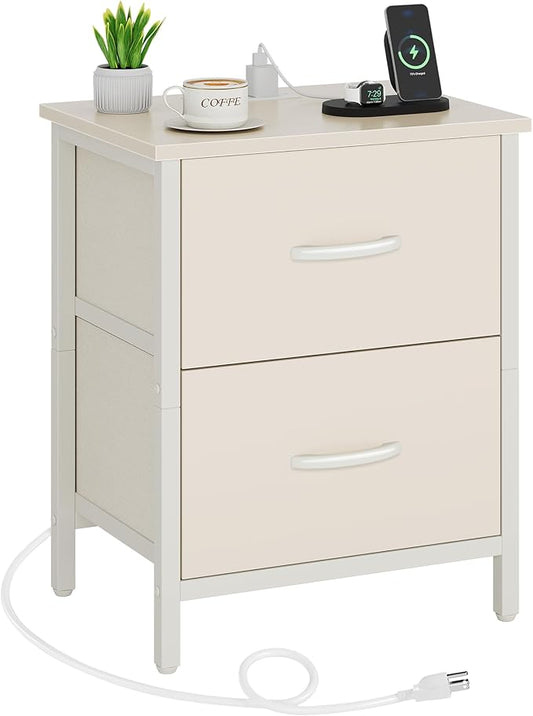 Vagusicc Nightstand with Charging Station, Bedside Table with USB Ports and Outlet, End Table Side Table with 2 Fabric Drawers for Bedroom, Living Room, Beige