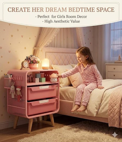 SYKIARIOL Pink Nightstand, Cute End Table with Storage Drawer, Kids Nightstand for Bedroom Furniture, Bedside Table Small Desk Coffee Table for Living Room, Dorm, Office