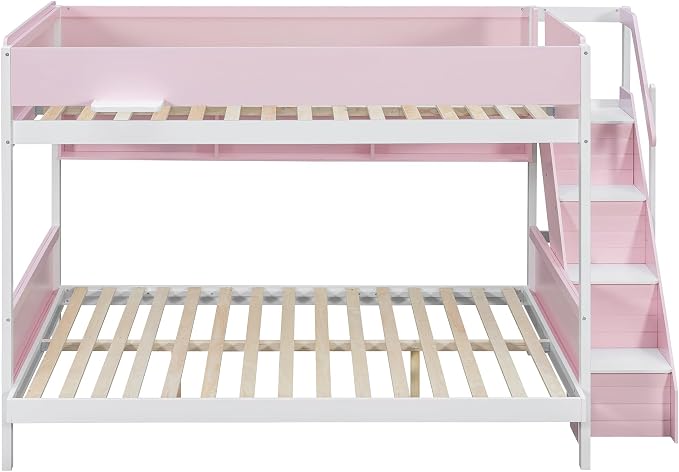 Wood Bunk Bed Full XL Over Queen with Staircase and Side Shelves | Light Strip Included, Striped-Design Stairs, Kids Teens Adults, Space-Saving Design, Versatile Bed Frame