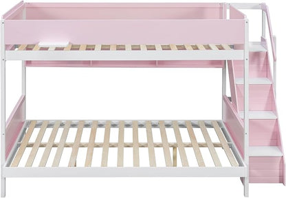 Wood Bunk Bed Full XL Over Queen with Staircase and Side Shelves | Light Strip Included, Striped-Design Stairs, Kids Teens Adults, Space-Saving Design, Versatile Bed Frame