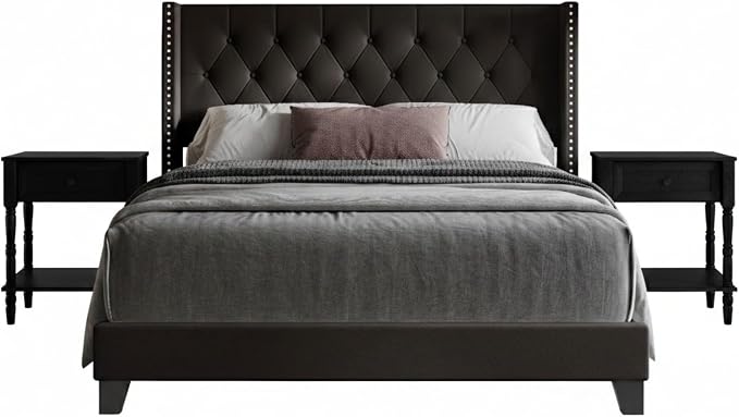 HOME DESIGN Homer Full Tufted Wingback Upholstered Panel Bed with 2 Matching 1 Drawer Nightstands, Bedroom Furniture Set with Open Shelf Storage, Brown Black