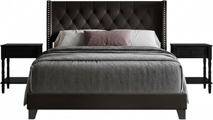 HOME DESIGN Homer Full Tufted Wingback Upholstered Panel Bed with 2 Matching 1 Drawer Nightstands, Bedroom Furniture Set with Open Shelf Storage, Brown Black