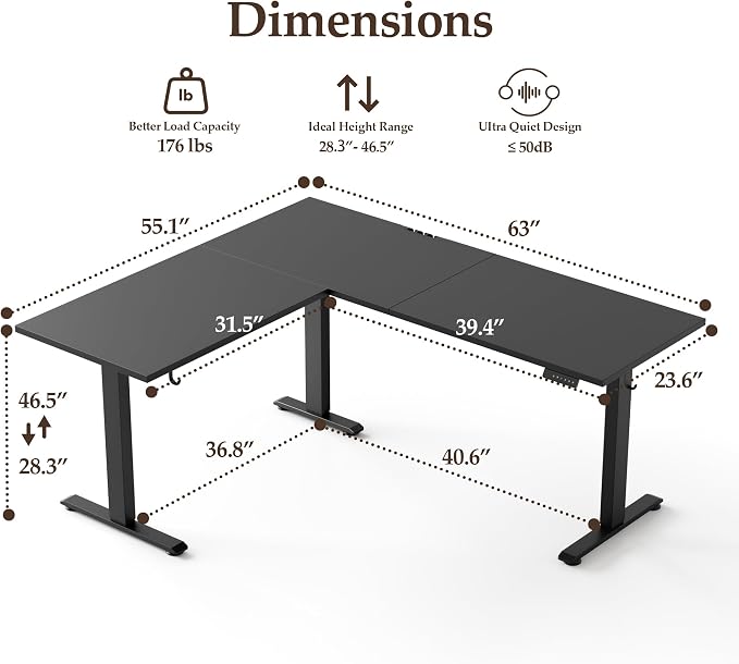 Klicelor L Shaped Standing Desk 63 x 55.1 Inch Dual Motors, Electric Height Adjustable Corner Desk for Home Office Workstation, Ergonomic Sit Stand Computer Table with Memory Controller, Black