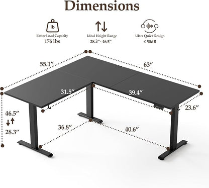 Klicelor L Shaped Standing Desk 63 x 55.1 Inch Dual Motors, Electric Height Adjustable Corner Desk for Home Office Workstation, Ergonomic Sit Stand Computer Table with Memory Controller, Black
