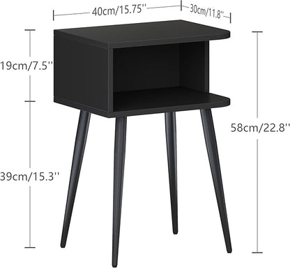 Black Nightstand Set of 2, Small Bed Side Table for Small Spaces, Mid Century Modern Nightstand End Table with Open Storage, Side Table for Bedroom Living Room, MLBZ20B-2