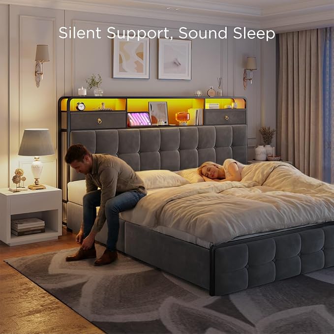 EnHomee King Size Bed Frame with 6 Storage Drawers and LED Lights,Bed Frame King Size with Velvet Upholstered Headboard and Charging Station,No Box Spring Needed,Noise-Free,Easy Assembly,Modern,Grey