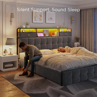 EnHomee King Size Bed Frame with 6 Storage Drawers and LED Lights,Bed Frame King Size with Velvet Upholstered Headboard and Charging Station,No Box Spring Needed,Noise-Free,Easy Assembly,Modern,Grey
