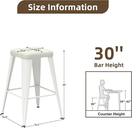 Bar Stools Set of 2, 30" Bar Height Bar Stools Backless, Upholstered Bar Stools with Metal Legs for Kitchen Island, Study Room, Cafe, White