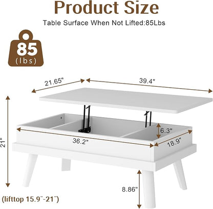 Shintenchi Coffee Table, Lift Top Coffee Table with Hidden Compartment, Rising Tabletop Dining Table, Lift Top Coffee Center Table for for Living Room, Office, Home (White)