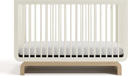 Storkcraft Santorini 5-in-1 Convertible Crib with Toddler Guardrail – GREENGUARD Gold Certified, Conversion Kit Included, 100% Solid Wood, Fits Standard Crib Mattress (Frosted Oat and Driftwood)