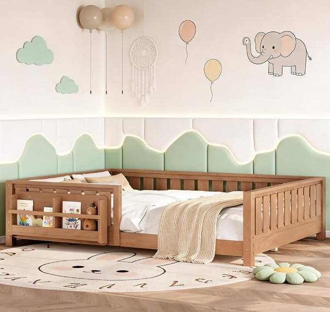 Bellemave Queen Size Floor Bed with high Rails and with Built-in Bookshelf for Kids, Girls, Boys, Wood Montessori Floor Bed Without Door, Natural