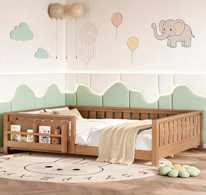Bellemave Queen Size Floor Bed with high Rails and with Built-in Bookshelf for Kids, Girls, Boys, Wood Montessori Floor Bed Without Door, Natural