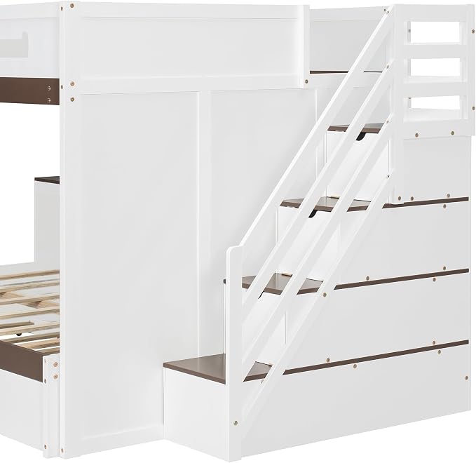 Wood Bunk Bed Full Over Full Size with Storage Staircase and Shelves, Bunk Beds Frame with Trundle and LED for Kids Teens, Space-Saving (White-12.15)