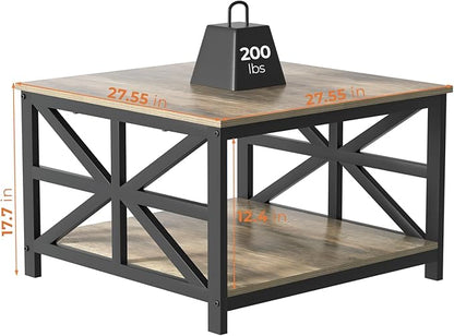 GreenForest Living Room Coffee Table with 2 Tier Storage | X Metal Frame Square Center Table with Seamless One-Piece Tabletop,27.55 inch Sofa Table,Scratch-resistant,Gray Wash