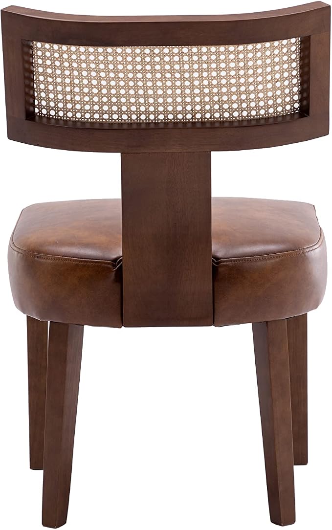 RIVOVA Mid Century Modern Dining Chairs Set of 4 Rattan Kitchen Chairs PU Leather Upholstered Side Chairs, Modern Kitchen Armless Solid Wood Dining Chairs, Brown