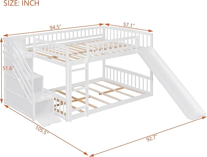 RUNNA Full Over Full Bunk Bed, Staircase with Drawers, Slide, Ladder | full over full bunk bed, staircase with drawers, convertible slide and ladder, solid pine wood, guardrails, no box spring
