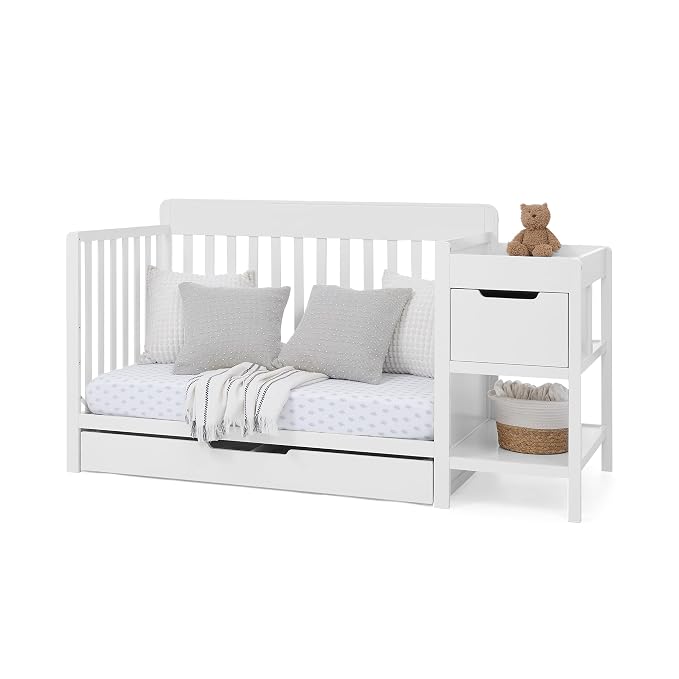 Delta Children Maya 5-in-1 Convertible Crib and Changer with Storage, Converts to Toddler Bed, Daybed, Sofa & Full Bed, Greenguard Gold Certified, 3 Mattress Heights for Baby, Bianca White