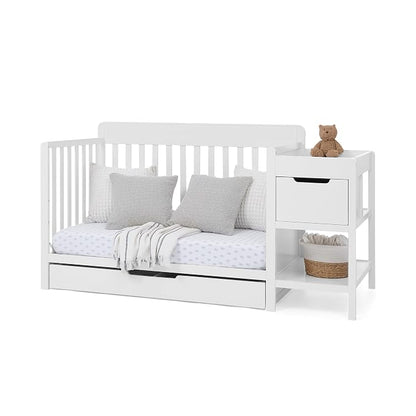 Delta Children Maya 5-in-1 Convertible Crib and Changer with Storage, Converts to Toddler Bed, Daybed, Sofa & Full Bed, Greenguard Gold Certified, 3 Mattress Heights for Baby, Bianca White