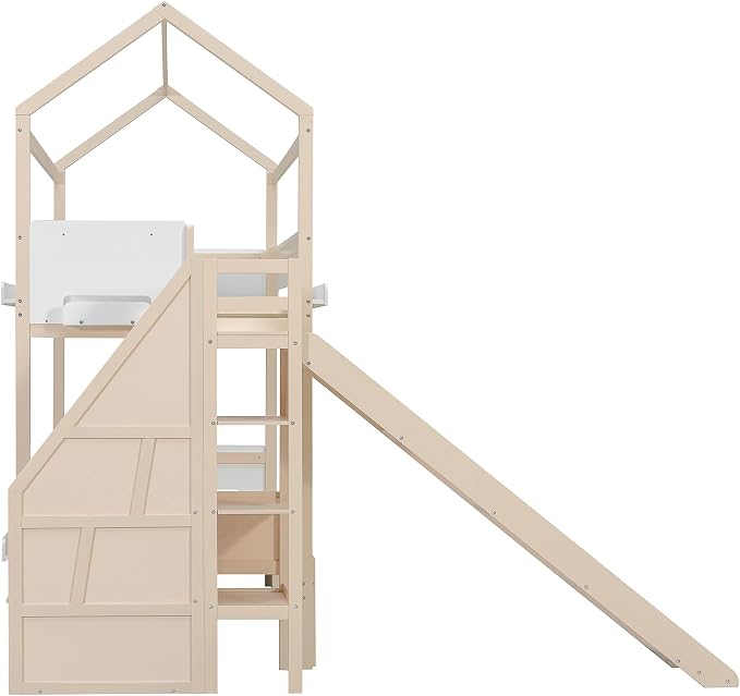 Harper & Bright Designs House Bunk Bed with Trundle and Bookshelf, Twin Over Full Bunk Bed with Slide and Stairs for Kids Teens Adults, Space Saving, No Box Spring Needed, Beige+White