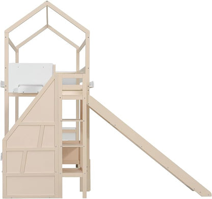 Harper & Bright Designs House Bunk Bed with Trundle and Bookshelf, Twin Over Full Bunk Bed with Slide and Stairs for Kids Teens Adults, Space Saving, No Box Spring Needed, Beige+White