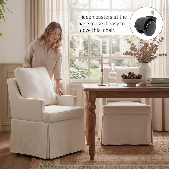 UVV Upholstered Dining Chairs, Modern Kitchen Chair Dining Room Chair with 4 Casters, Linen Armchair for Bedroom Reading Room Living Room, Beige